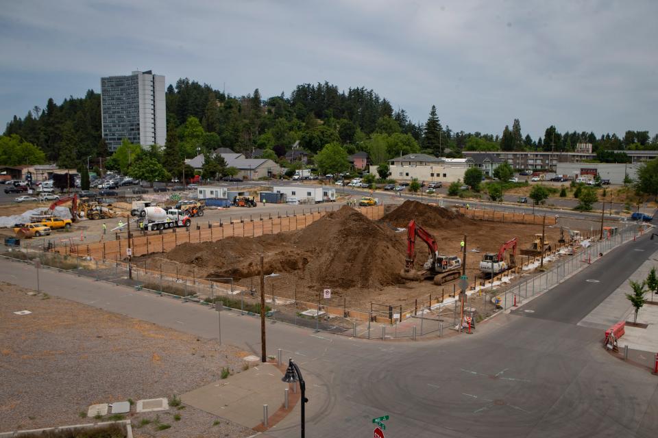 Construction on the 130-unit east half of the Portal apartment building on the west end of Eugene's new riverfront neighborhood got underway in early summer.