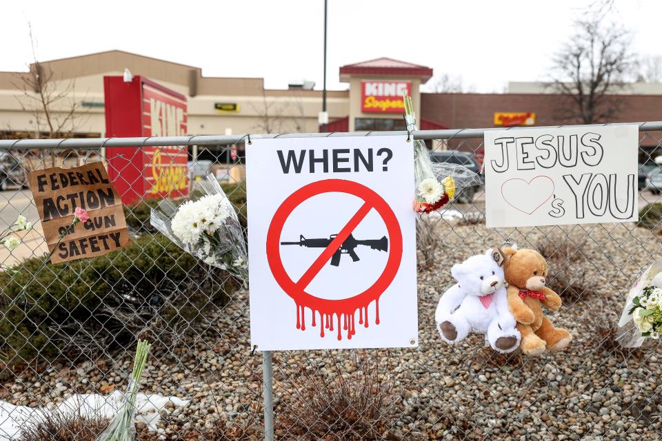 A makeshift memorial outside the King Soopers grocery store in Boulder, Colorado, on March 23, 2021, a day after 10 people were killed there.