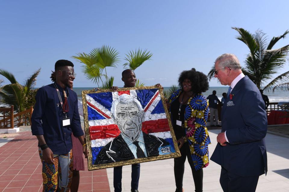 <p>Prince Charles attends an event where he is presented with a portrait of himself made up entirely by recycled plastic. </p>