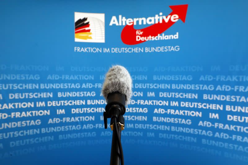 A microphone stands in front of an AfD logo on the press wall of the German Bundestag in Berlin