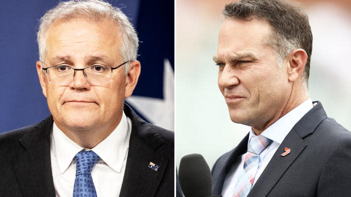 Australian PM Scott Morrison is pictured here alongside a shot of Aussie Test cricket great Michael Slater.