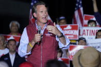 Republican gubernatorial candidate Glenn Youngkin speaks during a rally in Glen Allen, Va., Saturday, Oct. 23, 2021. Youngkin will face Democrat Terry McAuliffe in the November election. (AP Photo/Steve Helber)