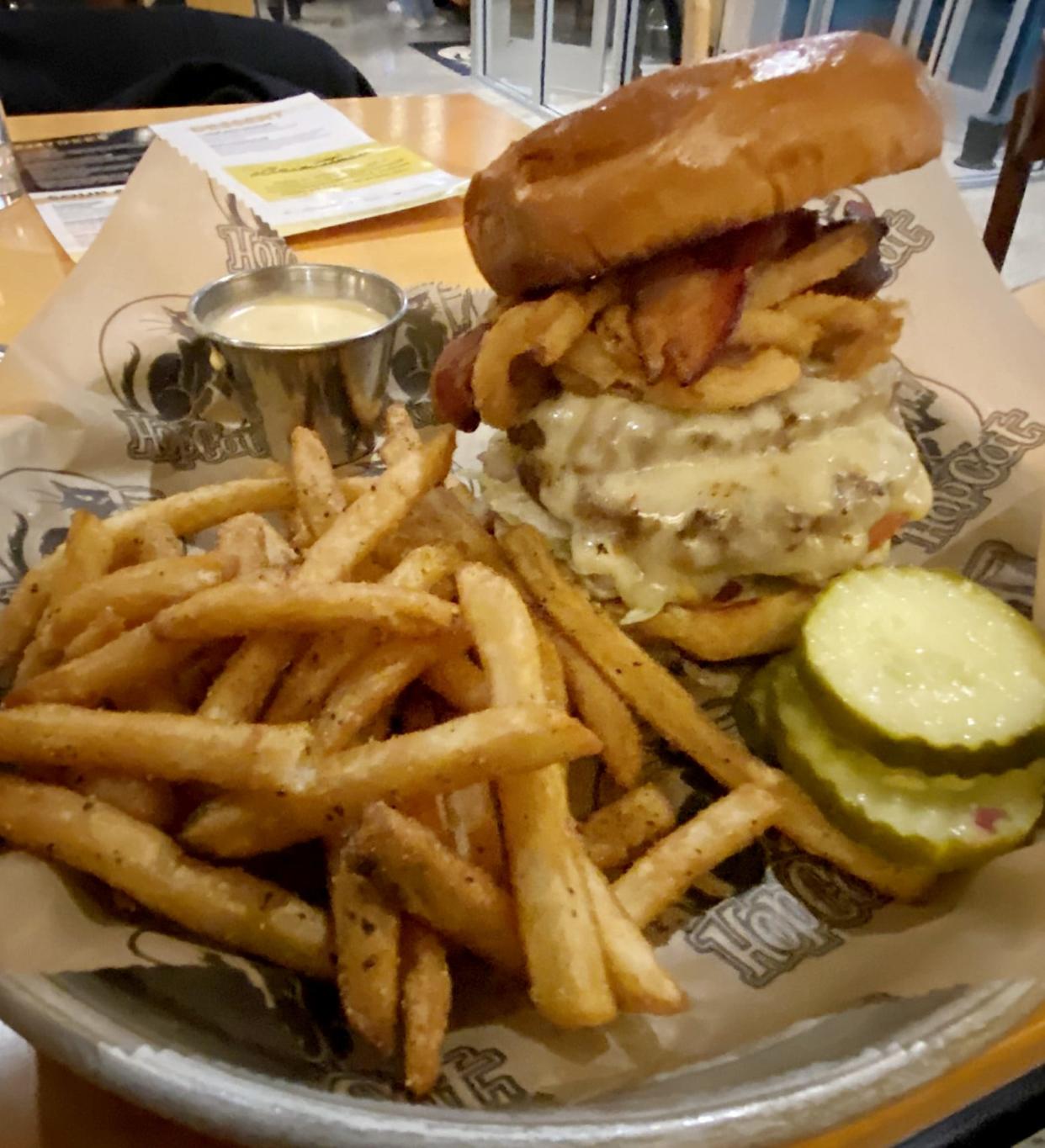 The Cowboy Smash Burger with Cosmik Fries at HopCat in Royal Oak.