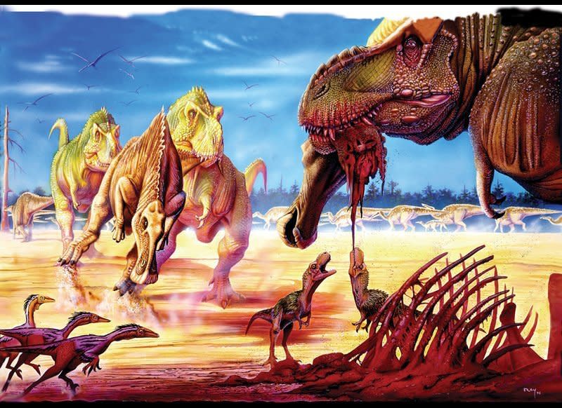 The Tyrannosaurus rex was one of the most formidable predators of all the dinosaurs. The 40-foot-long carnivore had teeth up to twelve inches long. However, there is a debate among paleontologists over whether the T-Rex was an apex predator or a scavenger.  Acrylics & ink on cardboard, 2004.