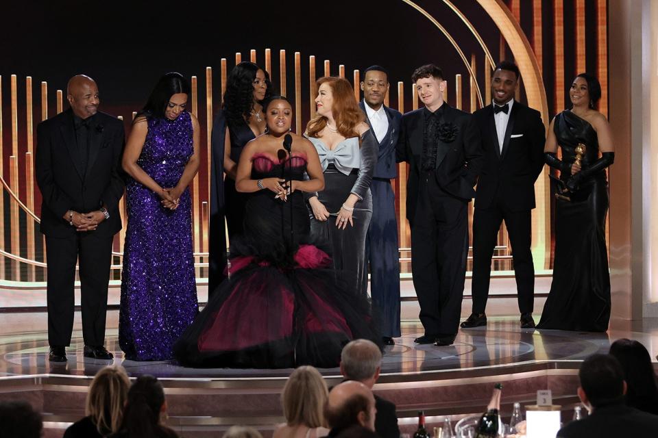 Quinta Brunson (C) and cast of "Abbott Elementary" accept the Best Television Series - Musical or Comedy award onstage at the 80th Annual Golden Globe Awards held at the Beverly Hilton Hotel on January 10, 2023 in Beverly Hills, California.