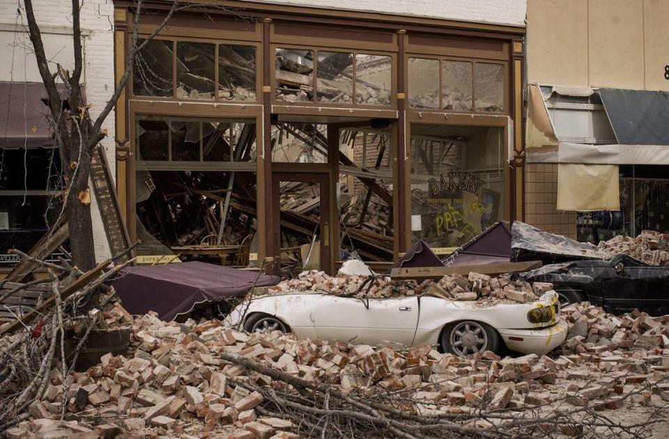 Cars were crushed in Paso Robles when unreinforced masonry buildings collapsed during the San Simeon Earthquake, Dec. 22 2003.