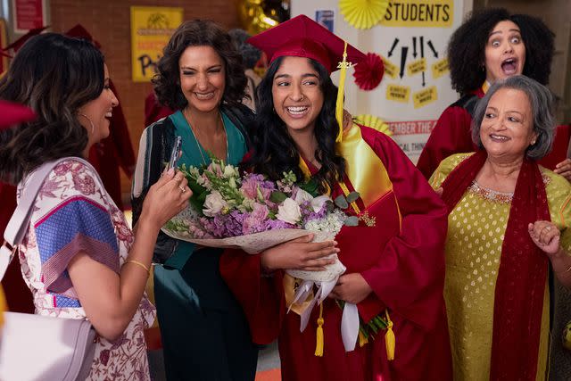 Lara Solanki/Netflix Richa Moorjani as Kamala, Poorna Jagannathan as Nalini Vishwakumar, Maitreyi Ramakrishnan as Devi, Ranjita Chakravarty as Nirmala, Lee Rodriguez as Fabiola Torres in episode 410 of Never Have I Ever