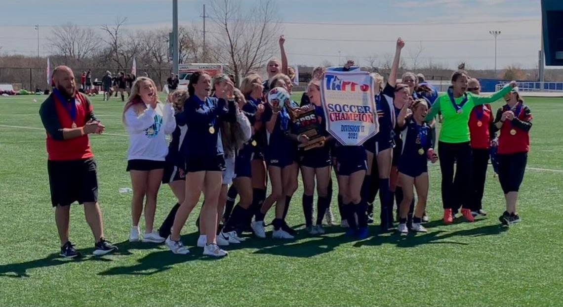Grapevine Faith celebrates its third straight TAPPS girls soccer state title with a 7-1 win over Austin St. Michael’s in the D2 title game Friday March 5, 2021 at Round Rock Multipurpose Complex.