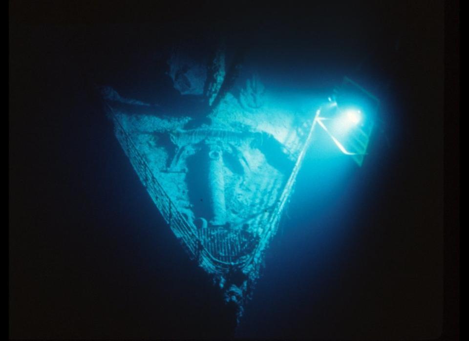 This April 2, 2010 image provided by RMS Titanic, Inc., shows the bow of the RMS Titanic on the ocean floor during an expeditions to the site of the tragedy.