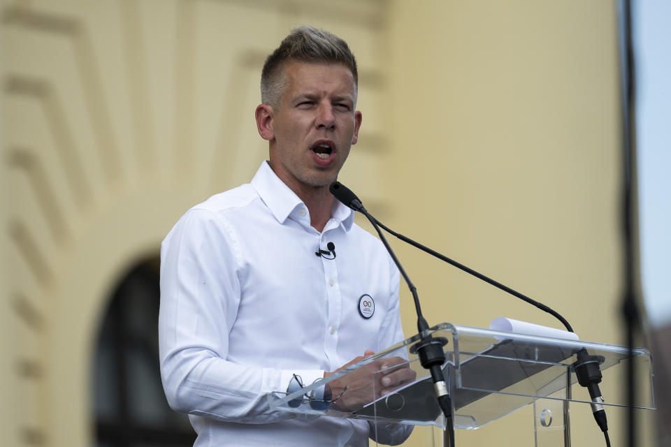 Péter Magyar, a rising challenger to Hungarian Prime Minister Viktor Orbán, addresses people at a campaign rally in the rural city of Debrecen, Hungary, on Sunday, May 5, 2024. Magyar, whose TISZA party is running in European Union elections, has managed to mobilize large crowds of supporters on a campaign tour of Hungary's heartland, a rarity for an Orbán opponent. (AP Photo/Denes Erdos)