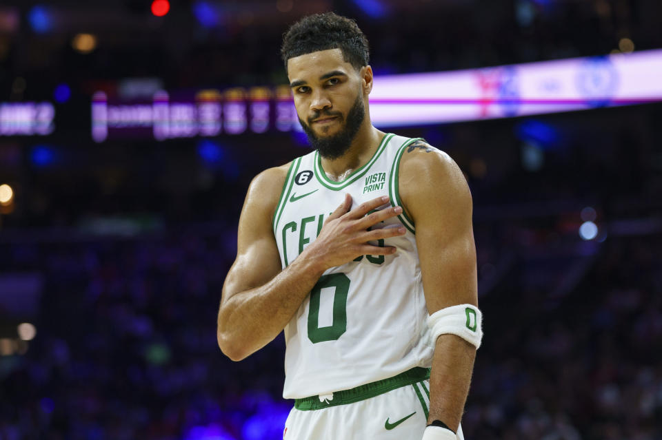 Jayson Tatum and the Boston Celtics have 55 wins with two games to go. (AP Photo/Chris Szagola)
