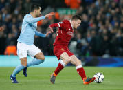 <p>Soccer Football – Champions League Quarter Final First Leg – Liverpool vs Manchester City – Anfield, Liverpool, Britain – April 4, 2018 Liverpool’s Andrew Robertson in action with Manchester City’s Aymeric Laporte REUTERS/Andrew Yates </p>