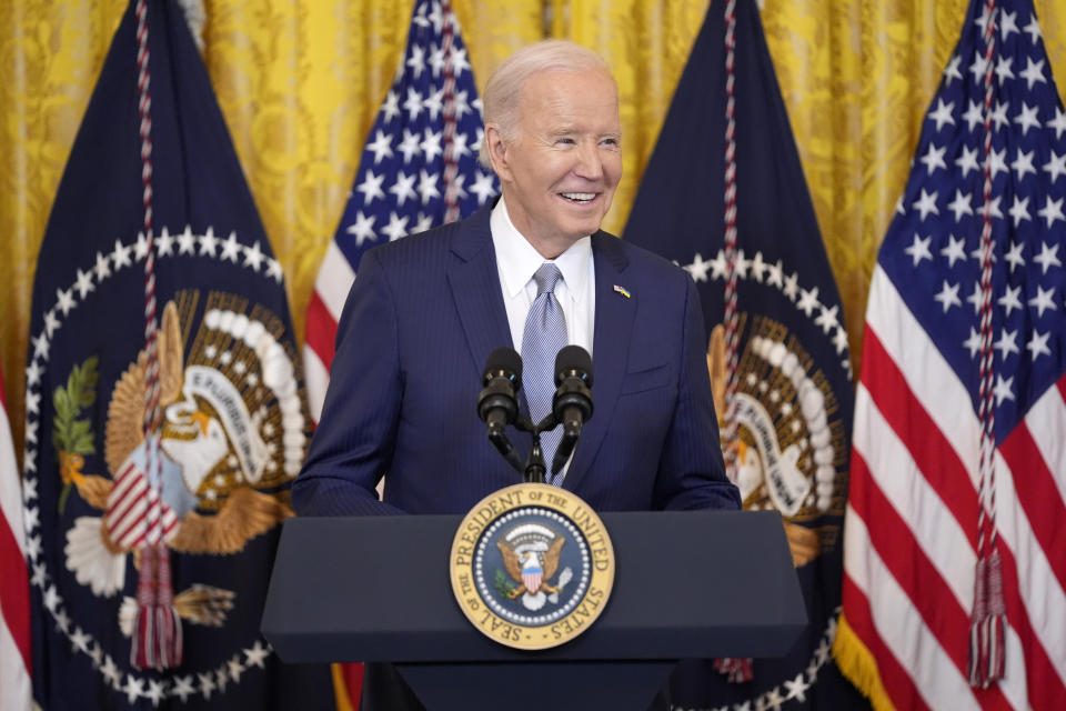 President Joe Biden speaks to the National Governors Association during an event in the East Room of the White House, Friday, Feb. 23, 2024, in Washington. (AP Photo/Evan Vucci)