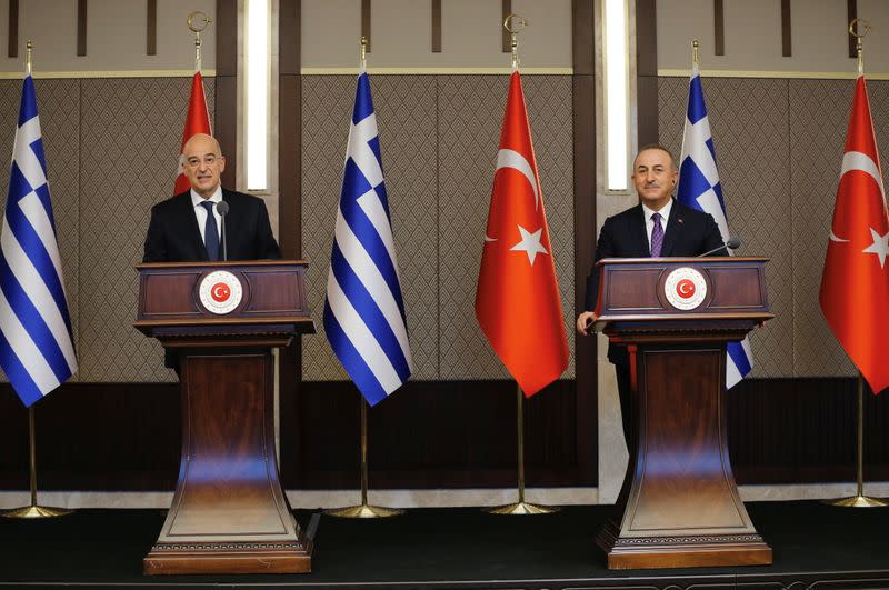 Turkish Foreign Minister Cavusoglu and his Greek counterpart Dendias hold a news conference in Ankara