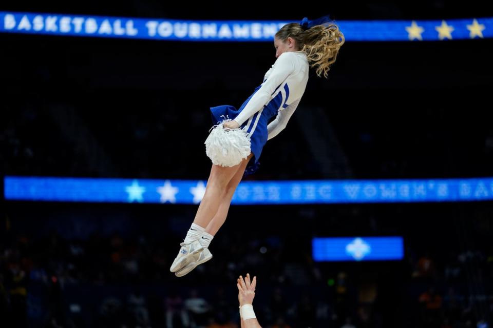 A ‘flyer’ Kentucky cheerleader at a college football game (Copyright 2022 The Associated Press. All rights reserved)