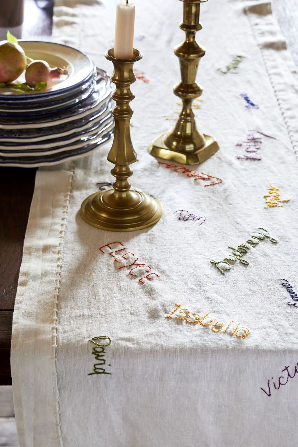 <p>Remember Thanksgiving guests from years past with a hand embroidered table runner. Have guests sign their names with a disappearing sewing pen and then stitch over each signature.</p><p> <a class="link " href="https://www.amazon.com/Disappearing-Marking-Erasable-Temporary-Auto-Vanishing/dp/B01I86OFH6/ref=sr_1_1?tag=syn-yahoo-20&ascsubtag=%5Bartid%7C10050.g.2063%5Bsrc%7Cyahoo-us" rel="nofollow noopener" target="_blank" data-ylk="slk:SHOP DISAPPEARING PENS;elm:context_link;itc:0;sec:content-canvas">SHOP DISAPPEARING PENS</a></p>