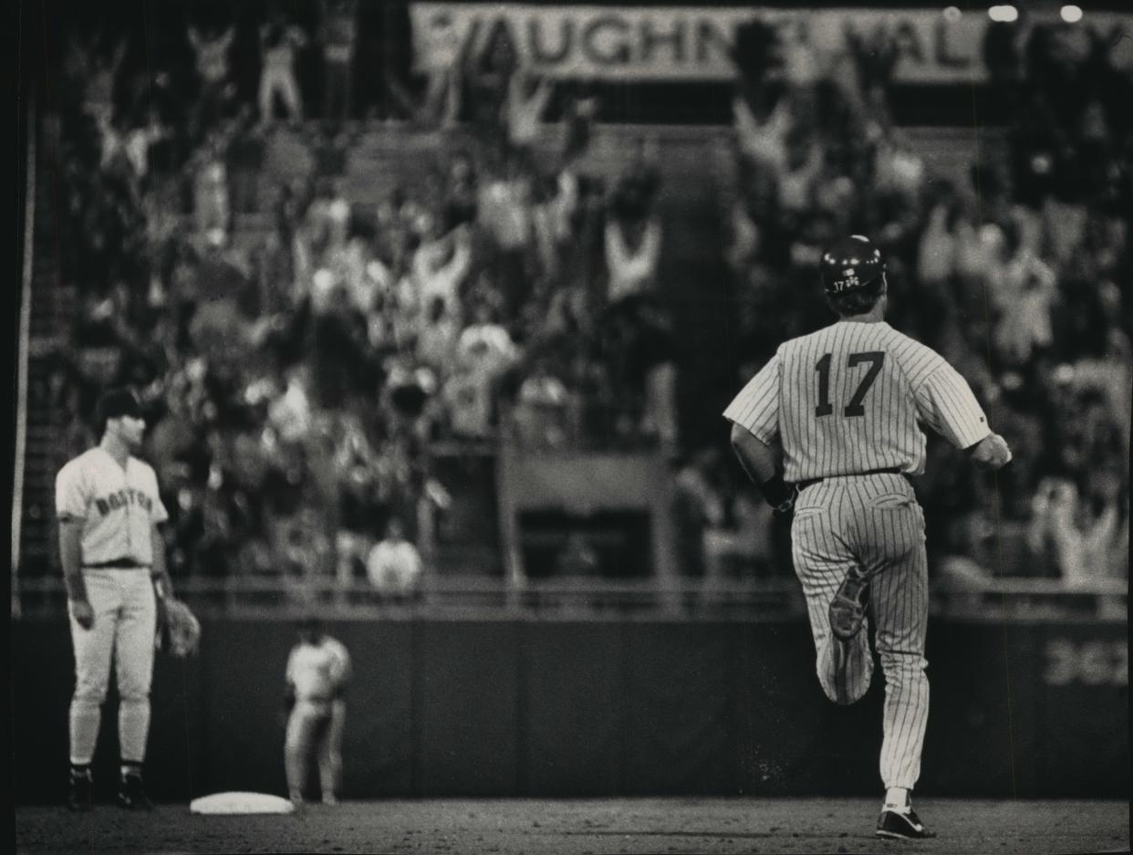 Jim Gantner watches his game-winning home run in the 13th inning, then circles the bases before getting mobbed by Milwaukee Brewers teammates at home plate. It was Gantner's first home run of the season.