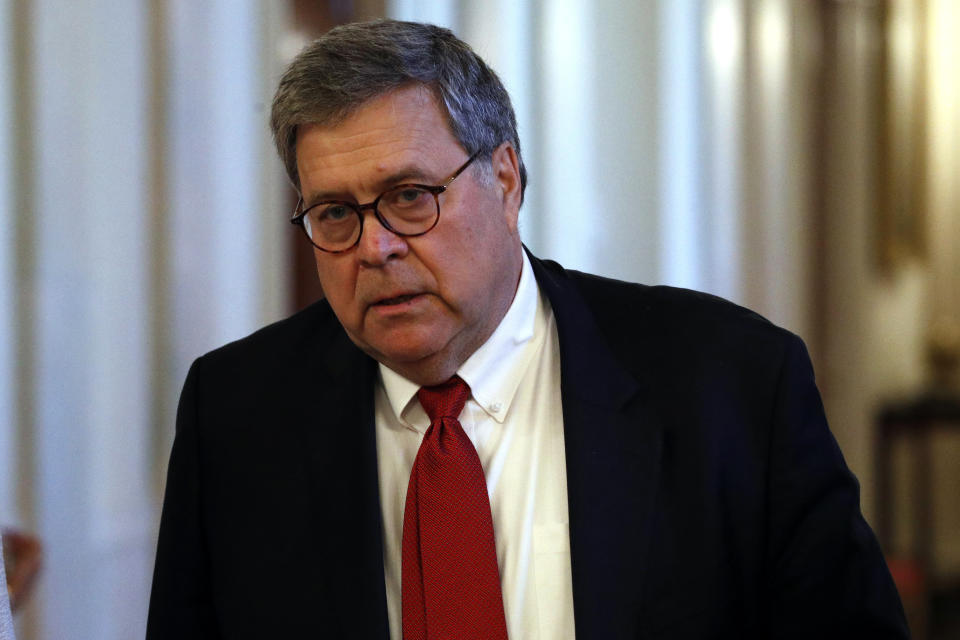 Attorney General William Barr arrives for a ceremony where President Donald Trump will present the Presidential Medal of Freedom to former New York Yankees baseball pitcher Mariano Rivera, in the East Room of the White House, Monday, Sept. 16, 2019, in Washington. (AP Photo/Patrick Semansky)