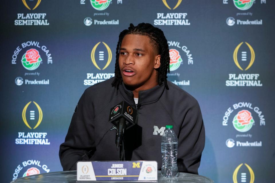 Michigan linebacker Junior Colson speaks to reporters during a news conference on Thursday, Dec. 28, 2023, in Los Angeles.