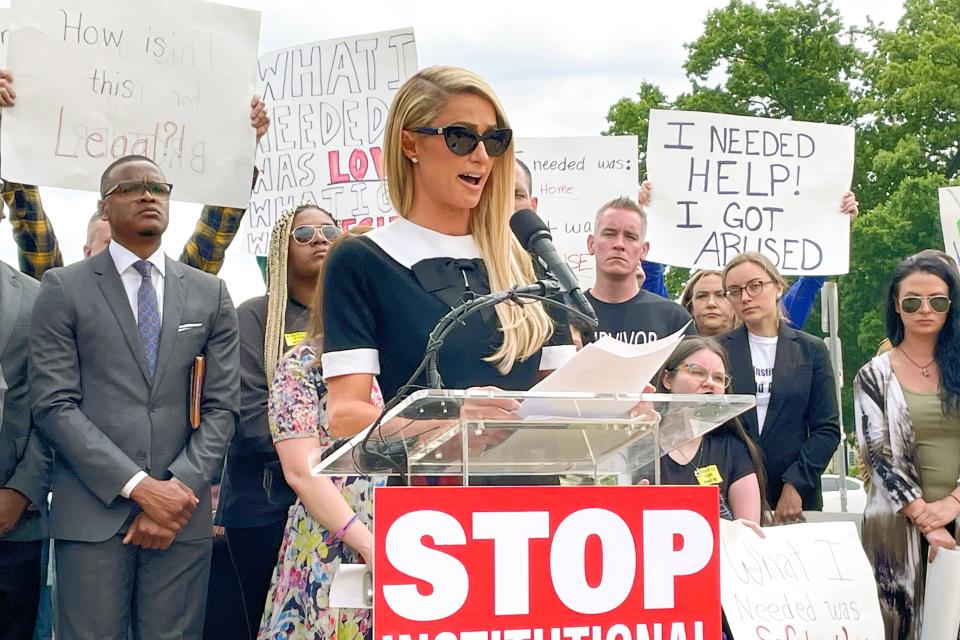 Paris Hilton speaks at a Stop Institutional Child Abuse event, Wednesday, May 11, 2022, in Washington. Hilton is on Capitol Hill advocating efforts to improve protections of youth in residential programs and facilities.