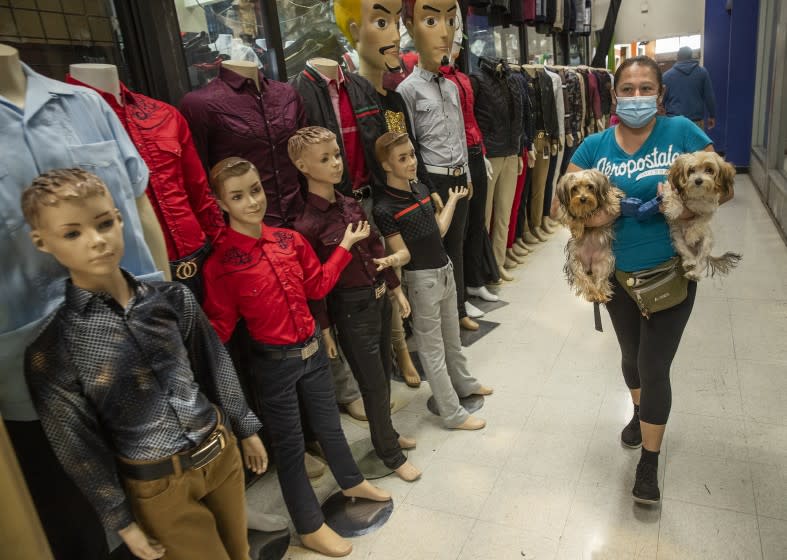 LYNWOOD, CA - NOVEMBER 30, 2020: Martha Ortiz of Hawthorne carries her two Yorkie Terriers, Leia, left and Anakin, while shopping at Plaza Mexico, a shopping mall in Lynwood. New coronavirus restrictions limit malls to 20% of capacity (Mel Melcon / Los Angeles Times)