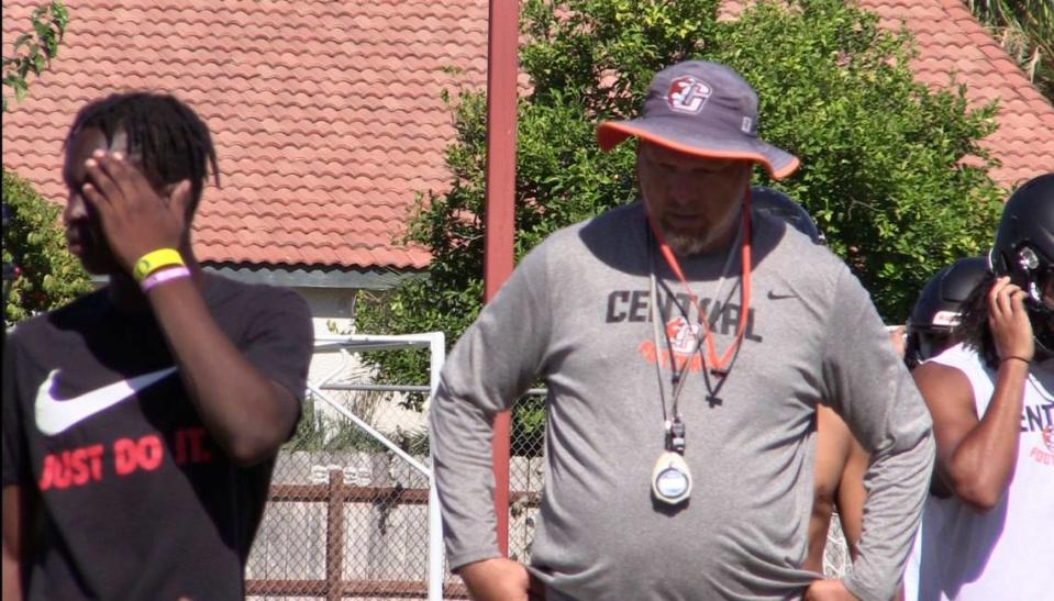 Central head coach Kyle Biggs during high school football practice.