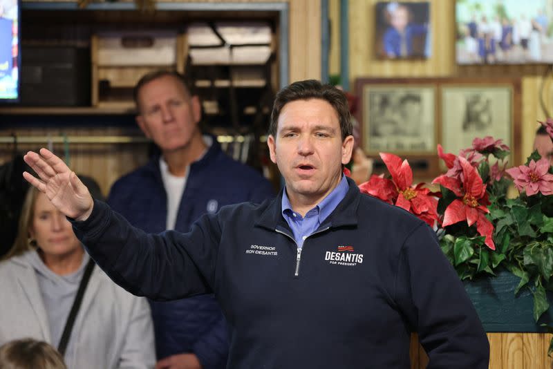Republican presidential candidate Florida Governor DeSantis attends a campaign event at the Johnnie Mars Family Restaurant