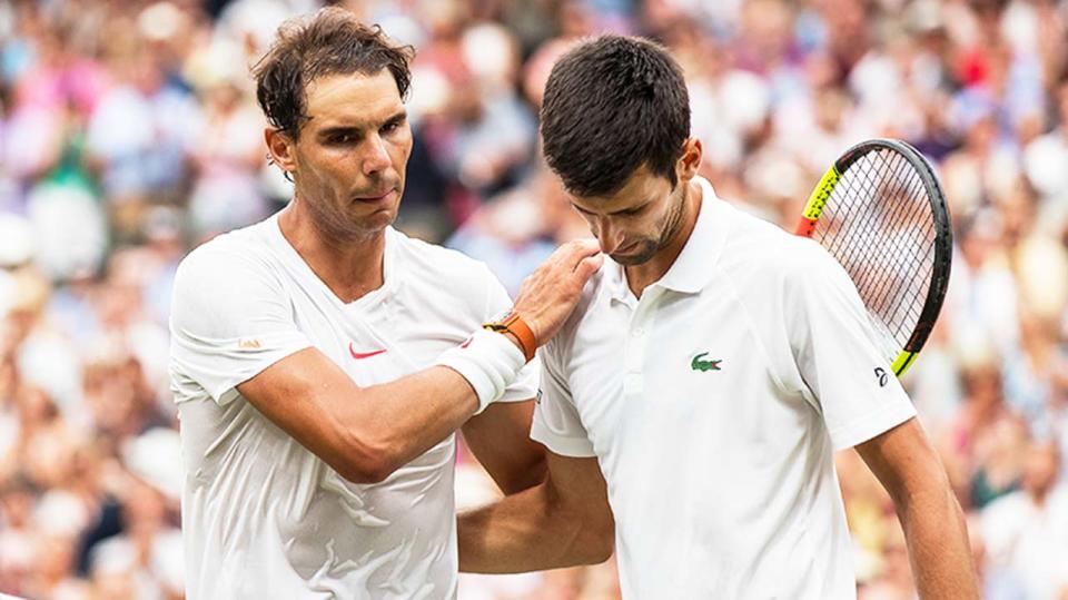 Rafa Nadal (pictured left) congratulates Novak Djokovic (pictured right) at Wimbledon.