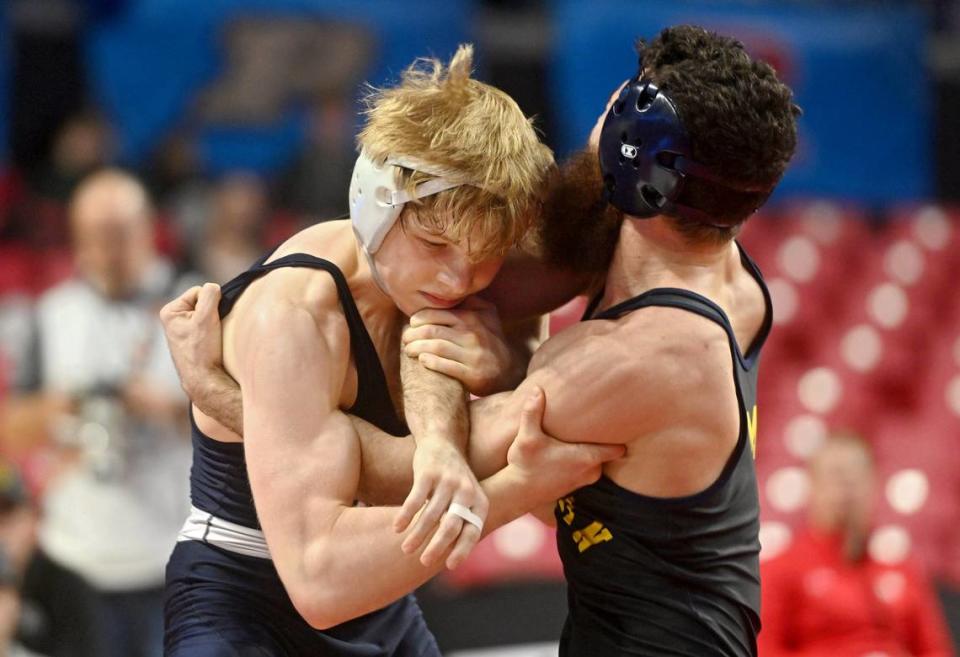 Penn State’s Braeden Davis wrestles Michigan’s Michael DeAugustino in a 125 lb semifinal bout of the Big Ten Wresting Championships at the Xfinity Center at the University of Maryland on Saturday, March 9, 2024.