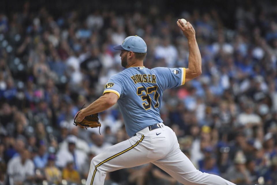 Milwaukee Brewers' Adrian Houser pitches during the second inning of the team's baseball game against the Toronto Blue Jays on Friday, June 24, 2022, in Milwaukee. (AP Photo/Kenny Yoo)