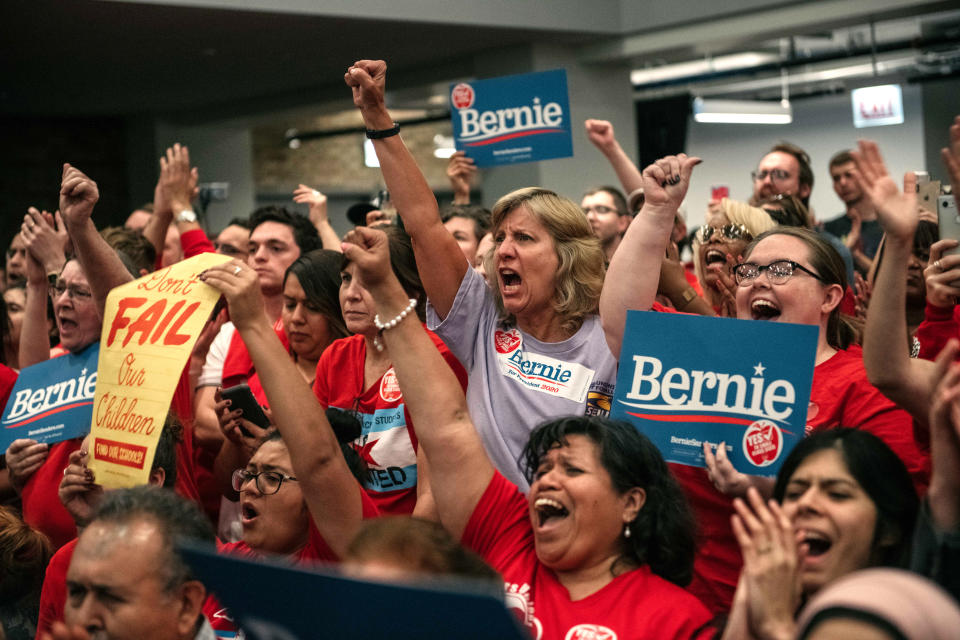 Supporters cheer for Democratic presidential candidate Sen. Bernie Sanders (I-VT) speak at a rally in support of the Chicago Teachers Union ahead of an upcoming potential strike on September 24, 2019 in Chicago.  (Photo: Scott Heins/Getty Images)