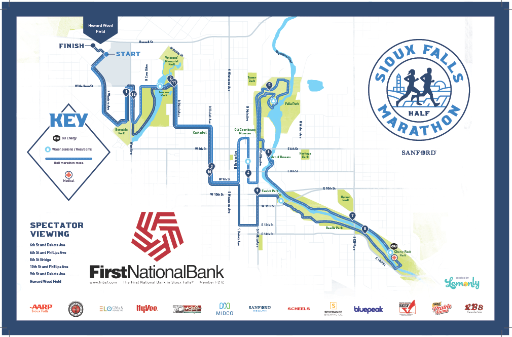 The map outlines the route for the Sioux Falls Marathon's half marathon route Sunday, Aug. 27, 2023.