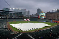 Grounds crew members place a tarp over the infield at Oriole Park at Camden Yards prior to a baseball game between the Baltimore Orioles and the Seattle Mariners, Monday, April 12, 2021, in Baltimore. (AP Photo/Julio Cortez)