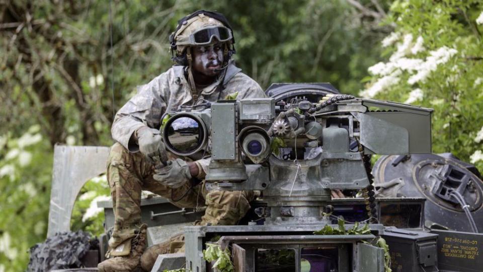 A US Army soldier on an M1A1 Abrams battle tank in Bavaria