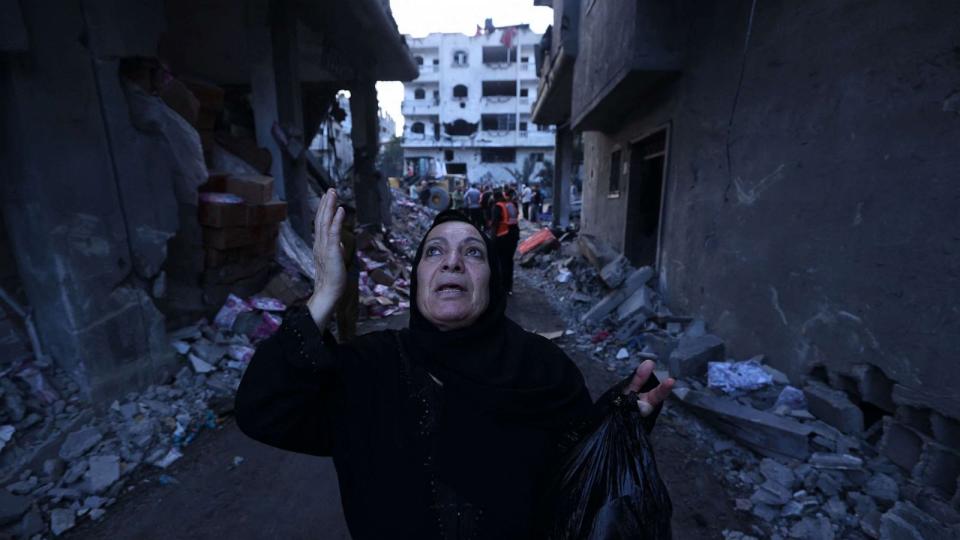 PHOTO: A Palestinian reacts amidst the rubble of a building after an Israeli airstrike on the Rafah refugee camp, in the southern Gaza Strip on Oct. 17, 2023. (Mohammed Abed/AFP via Getty Images)