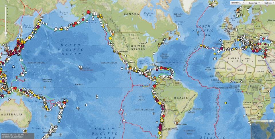 In NOAA's map of historical tsunami events, "low risk" Florida is noticeably clear.