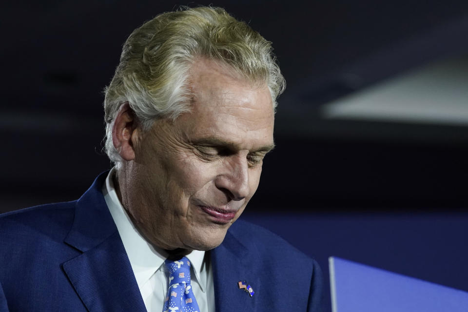 Democratic gubernatorial candidate Terry McAuliffe prepares to speak at an election night party in McLean, Va., Tuesday, Nov. 2, 2021. Voters are deciding between Democrat Terry McAuliffe and Republican Glenn Youngkin. (AP Photo/Steve Helber)