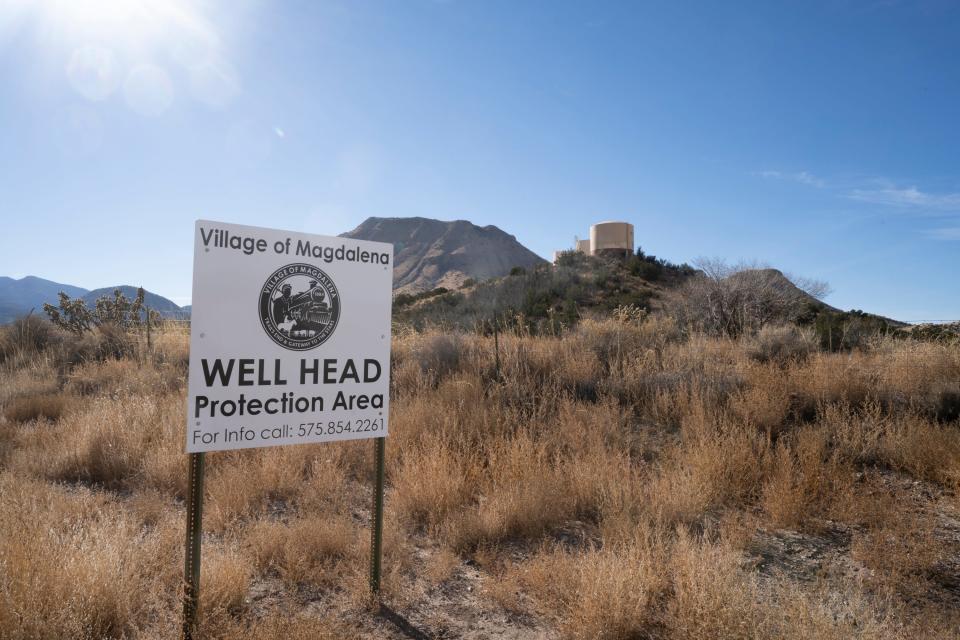 Water storage tanks stand on a hill overlooking Magdalena. The tanks and associated water lines are part of a massive water infrastructure improvement project begun eight years ago when, without warning, the town’s only functional well went dry.