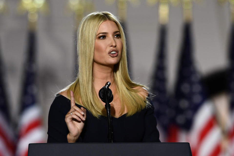 Ivanka Trump, daughter and Advisor to the US president, speaks during the final day of the Republican National Convention from the South Lawn of the White House on August 27, 2020 in Washington, DC. (Photo by Brendan Smialowski / AFP) (Photo by BRENDAN SMIALOWSKI/AFP via Getty Images)