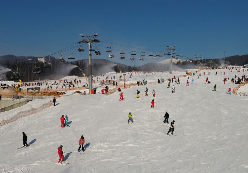 An aerial view shows the ski resort Bukovel in Ivano-Frankivsk Region