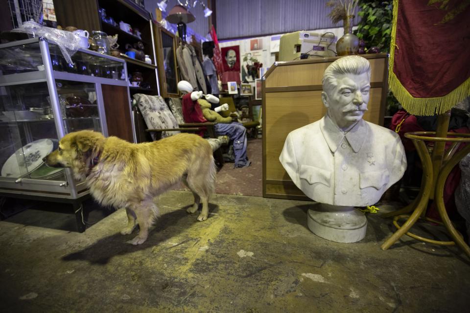 In this photo taken on Sunday, Nov. 3, 2019, a dog walks past a bust of of Soviet leader Josef Stalin in the 'Museum of Industrial Culture' in a dilapidated industrial zone of Moscow, Russia. Moscow’s suburbs are the focus of a major international art exhibition that has just opened in the Russian capital. The exhibit uses contemporary art to explore the many hidden facets of life beyond the Russian capital’s nucleus. Austrian cultural attache says the ‘real’ Moscow where most of the city’s 12.6 million people live, is outside the center. (AP Photo/Alexander Zemlianichenko)