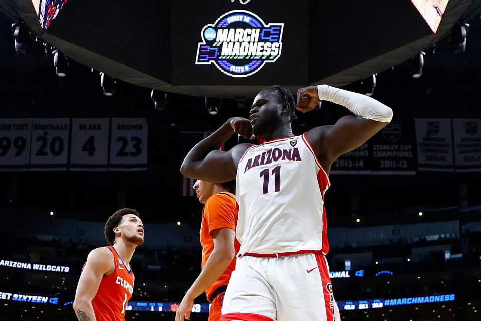 Oumar Ballo #11 of the Arizona Wildcats celebrates in a game against the Clemson Tigers during the second half in the Sweet 16 round of the NCAA Men's Basketball Tournament at Crypto.com Arena on March 28, 2024 in Los Angeles.