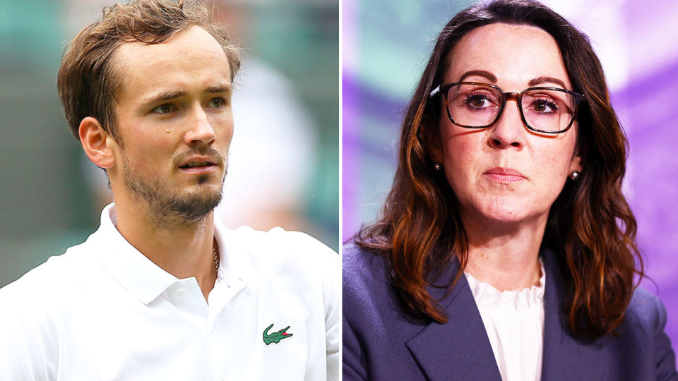 Pictured right is Wimbledon CEO Sally Bolton, with Russian tennis star Daniil Medvedev on the left.