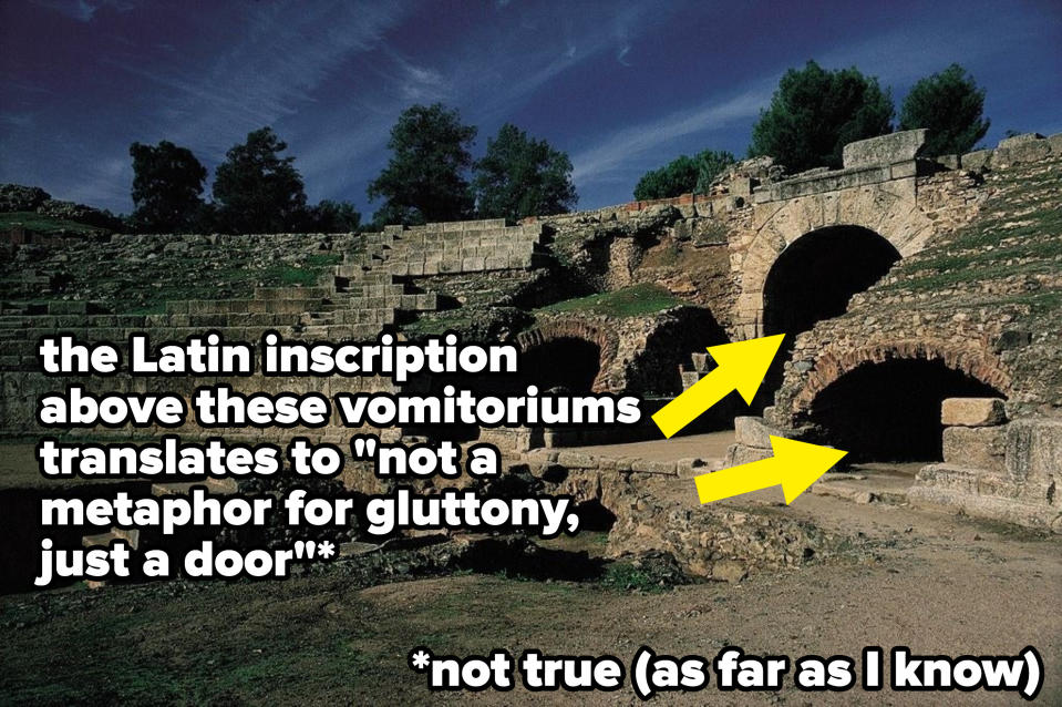 an ancient amphitheatre with vomitoriums pointed out that say, "the Latin inscription above these vomitoriums says 'not a metaphor for gluttony, just a door'" which is not true, as far as I know