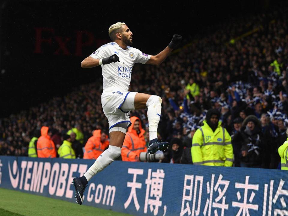 Riyad Mahrez celebrates putting Leicester ahead (Getty)