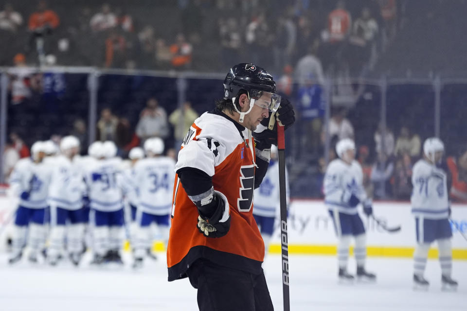 Philadelphia Flyers' Travis Konecny skates off the ice after the Flyers lost an NHL hockey game against the Toronto Maple Leafs, Thursday, March 14, 2024, in Philadelphia. (AP Photo/Matt Slocum)