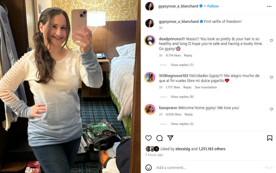 A screenshot of Gypsy Rose Blanchard's Instagram post on Friday, Dec. 29, 2023. The hotel room-mirror selfie was posted the day after Blanchard was released from prison.