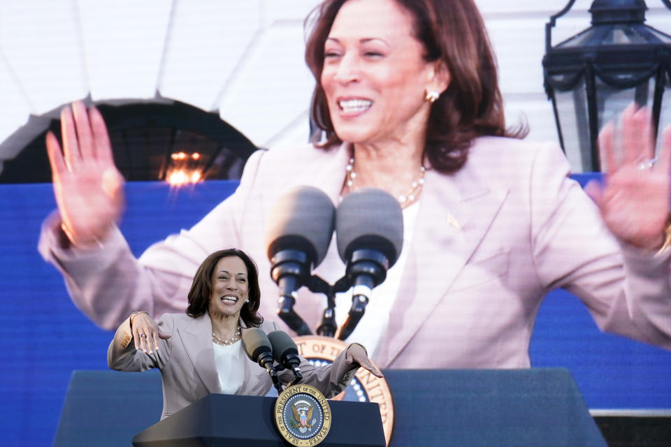 Vice President Kamala Harris speaks during a Juneteenth concert on the South Lawn of the White House in Washington, Tuesday, June 13, 2023. Opal Lee is considered the grandmother of Juneteenth. (AP Photo/Susan Walsh)