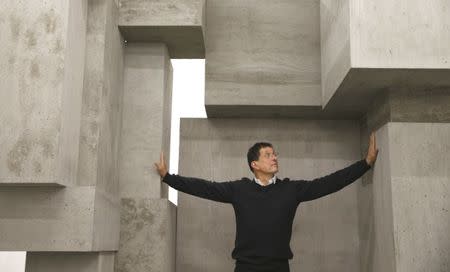 Artist Antony Gormley poses for a photograph with one of his pieces called "Block", forming part of an exhibition entitled "Fit", at the White Cube gallery in London, Britain September 29, 2016. REUTERS/Peter Nicholls