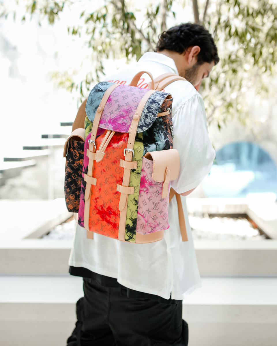 An upcycled backpack Drori made with Louis Vuitton scraps. Photo by Mark Garcia.